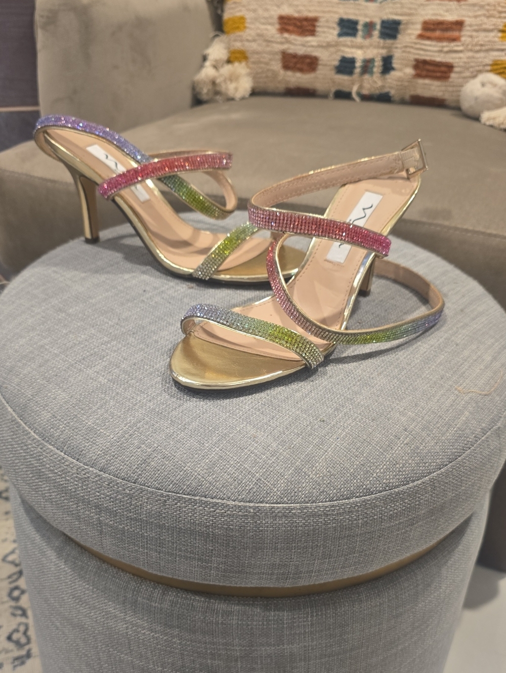 Nina Multicolor Crystal-Strap Gold-Heel Sandals